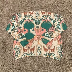 No Tags: Art Deco, bunny, deer, bat, dog, bird print in pink and teal